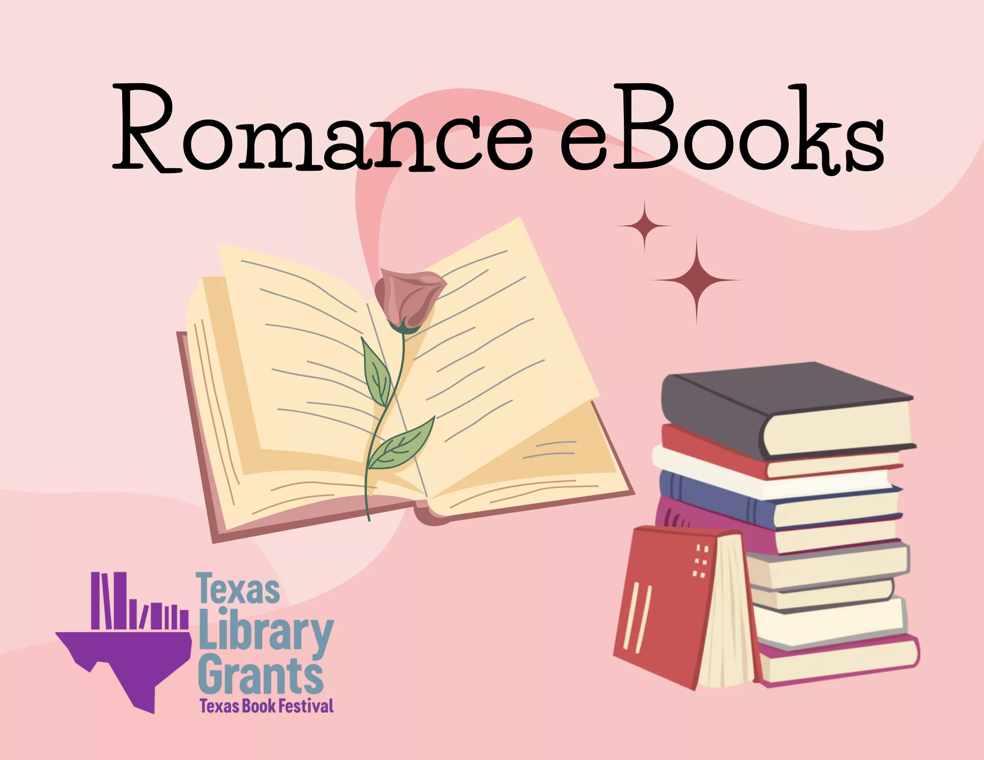 Pink background with books and the Texas Library Grants logo